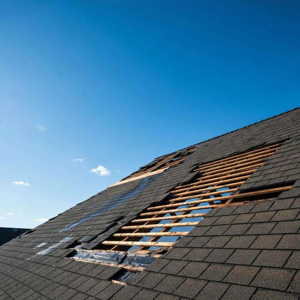 Residential roof with storm damage highlighting the need for emergency roofing services